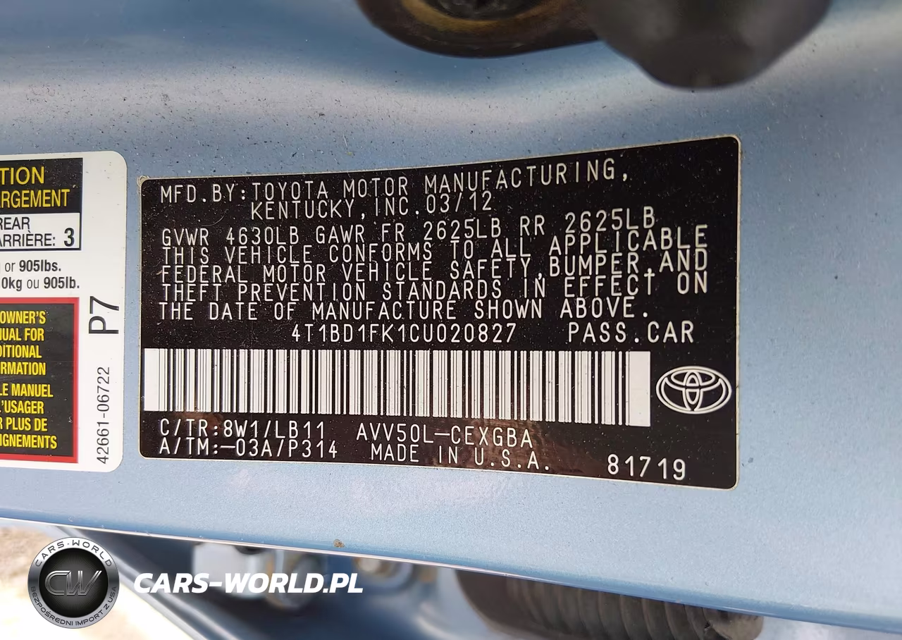 2012 Toyota Camry Hybrid Xle VIN:4T1BD1FK1CU020827 - 9