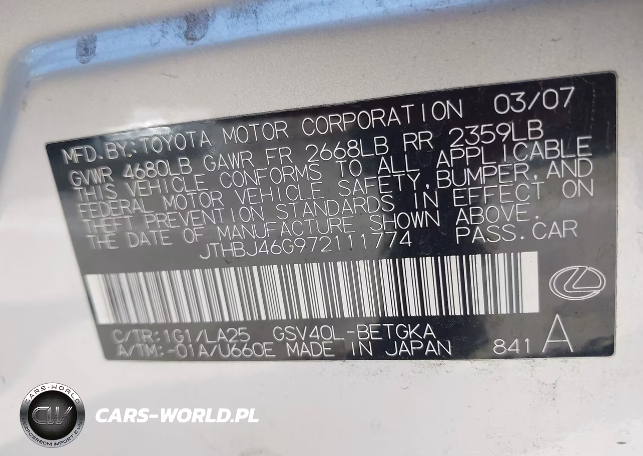 2007 Lexus Es 350 VIN:JTHBJ46G972111774 - 9