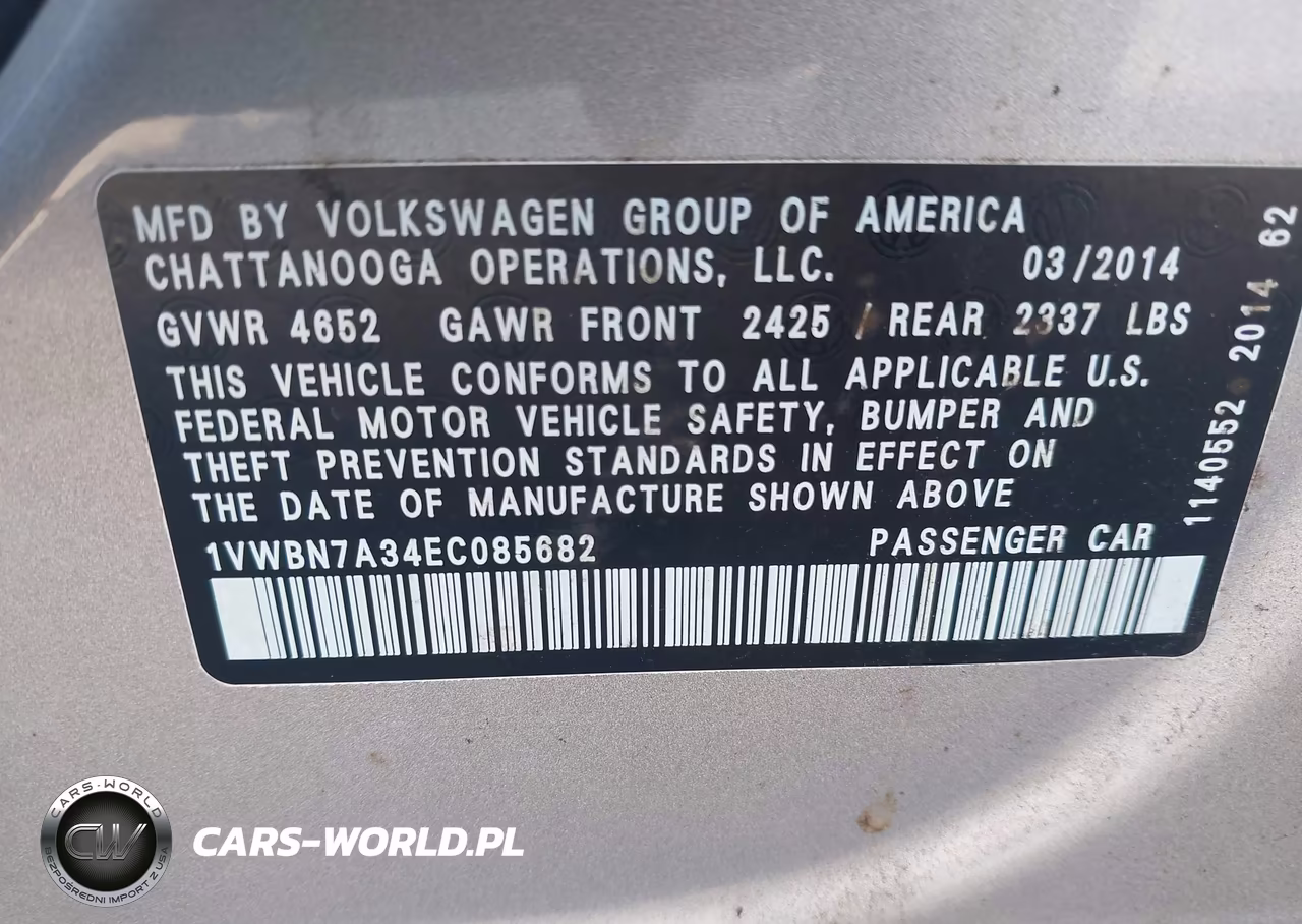 2014 Volkswagen Passat 2.0L Tdi Se VIN:1VWBN7A34EC085682 - 9