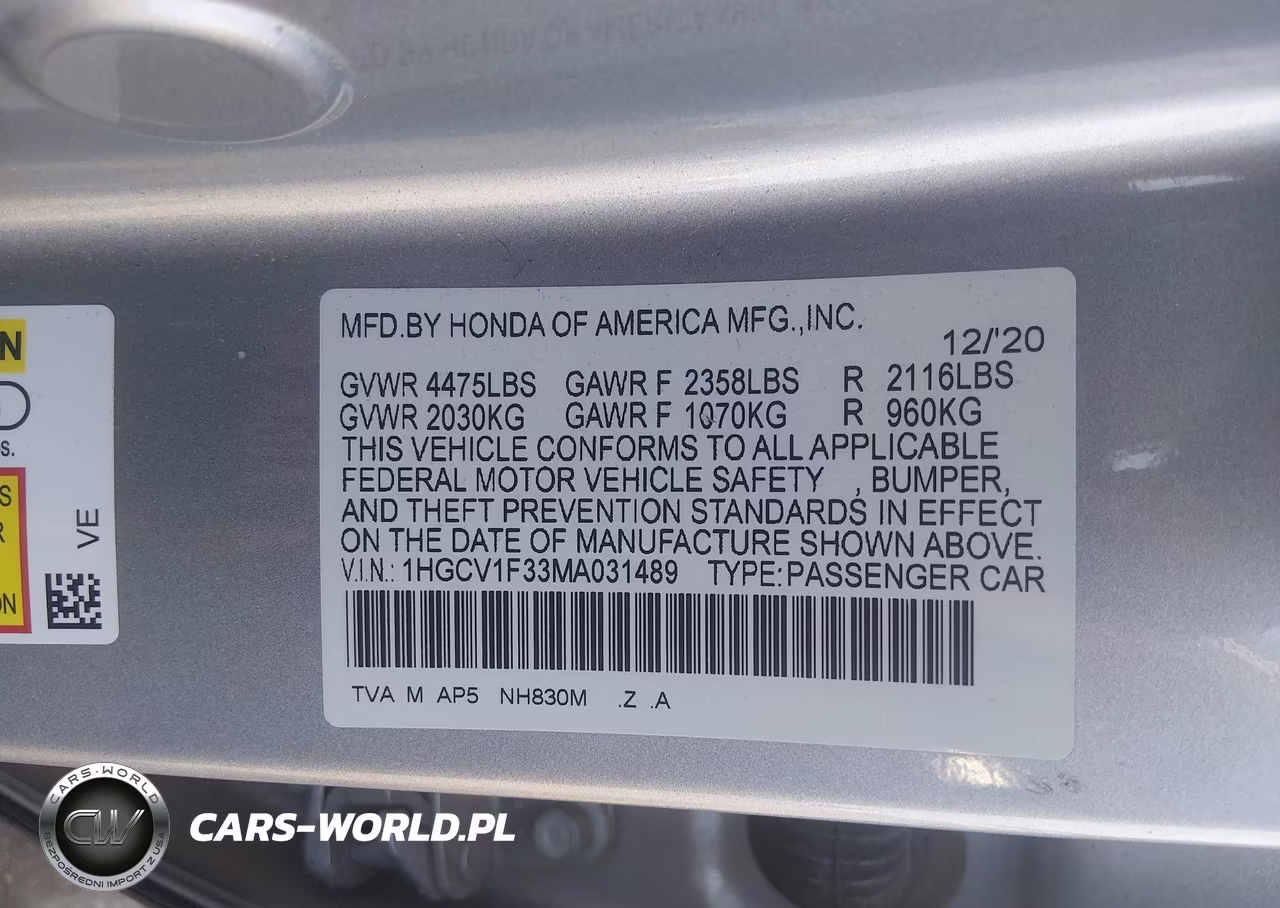 2021 Honda Accord Sport VIN:1HGCV1F33MA031489 - 9