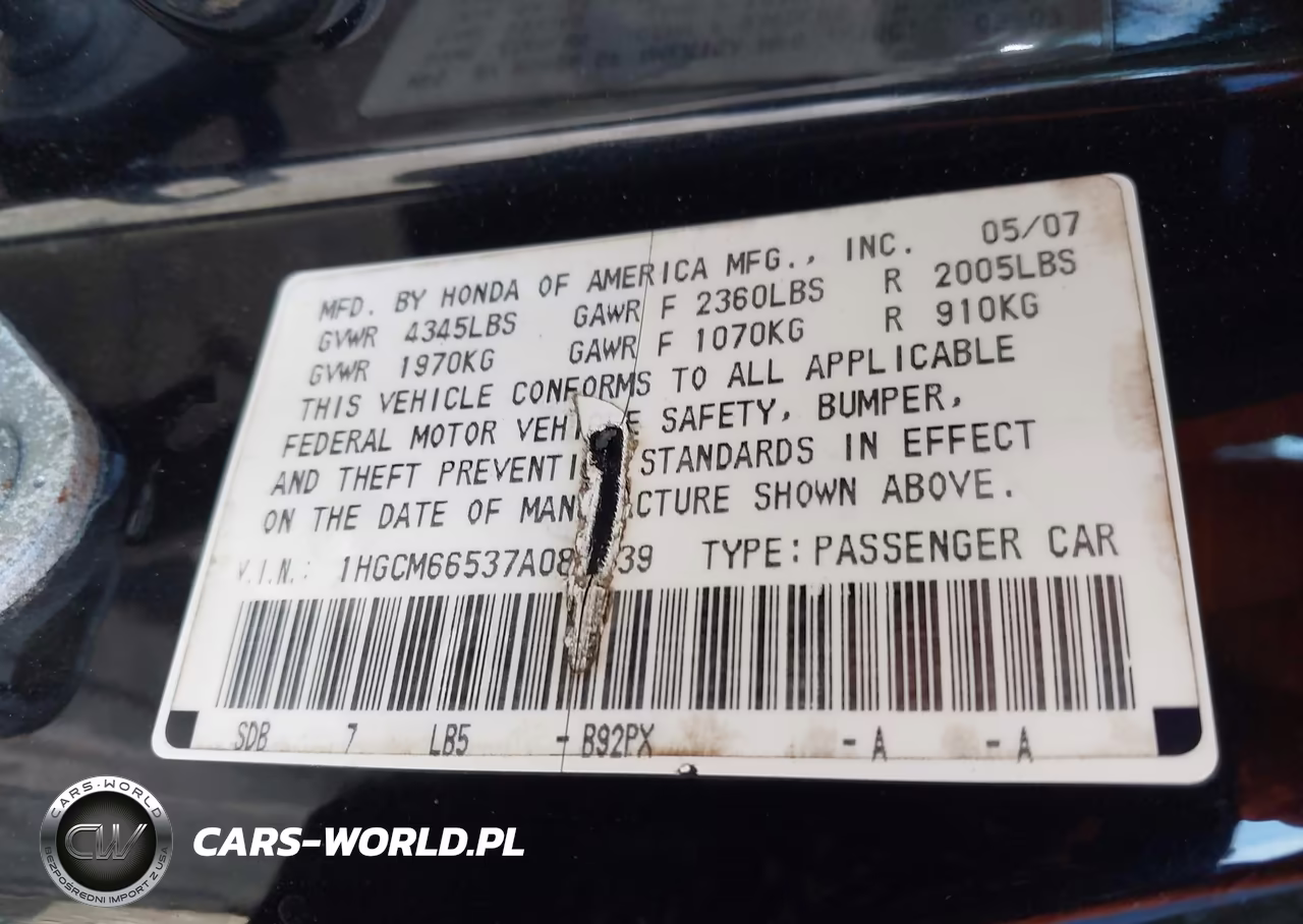 2007 Honda Accord 3.0 Ex VIN:1HGCM66537A087339 - 9