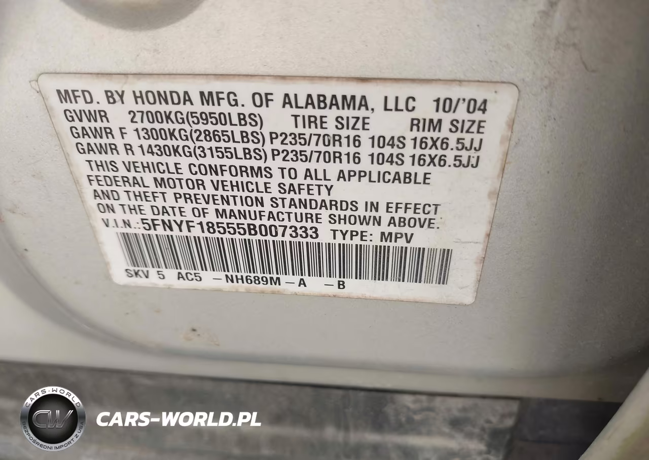 2005 Honda Pilot Ex-L VIN:5FNYF18555B007333 - 9