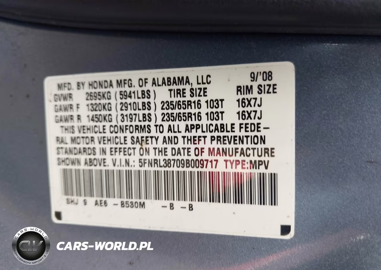 2009 Honda Odyssey Ex-L VIN:5FNRL38709B009717 - 9