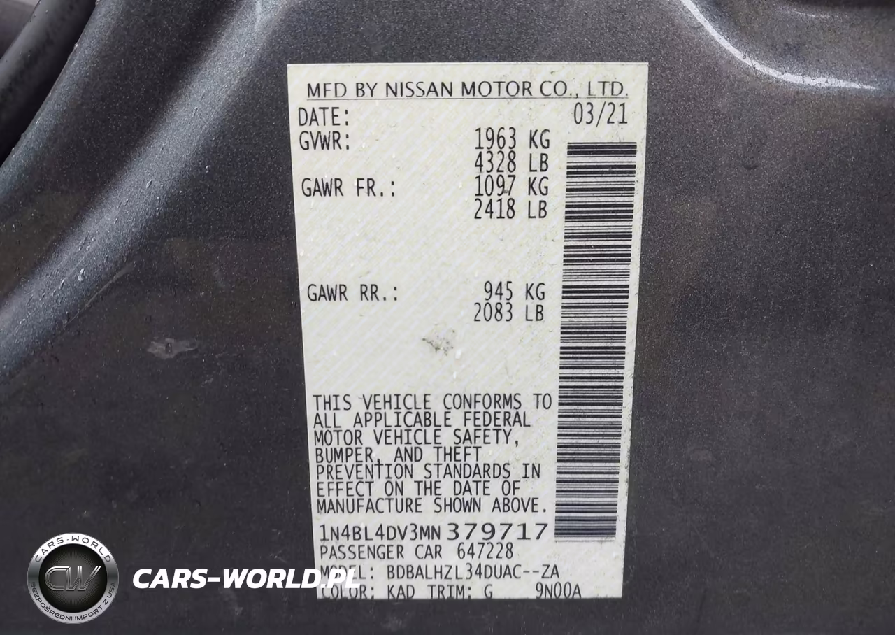2021 Nissan Altima Sv Fwd VIN:1N4BL4DV3MN379717 - 9