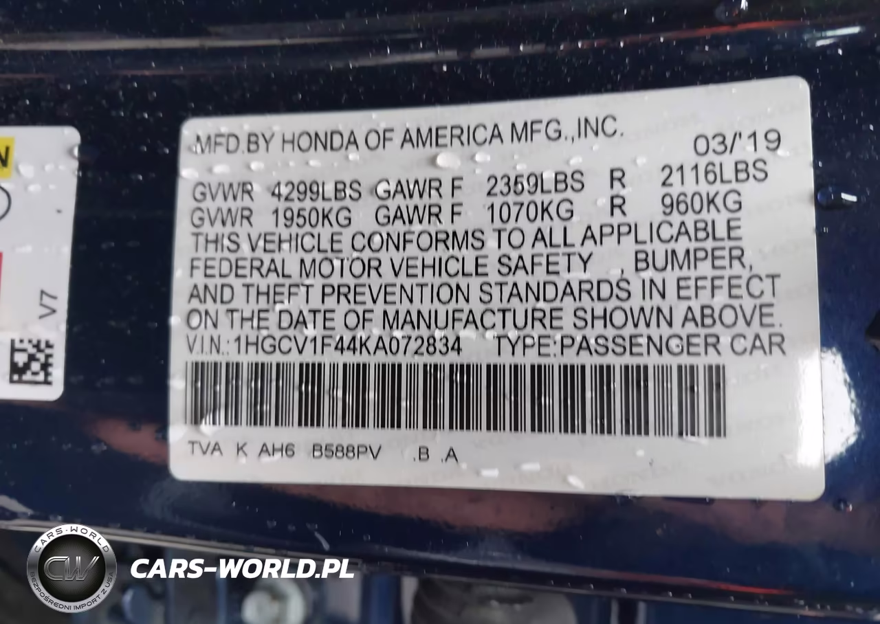 2019 Honda Accord Ex VIN:1HGCV1F44KA072834 - 9