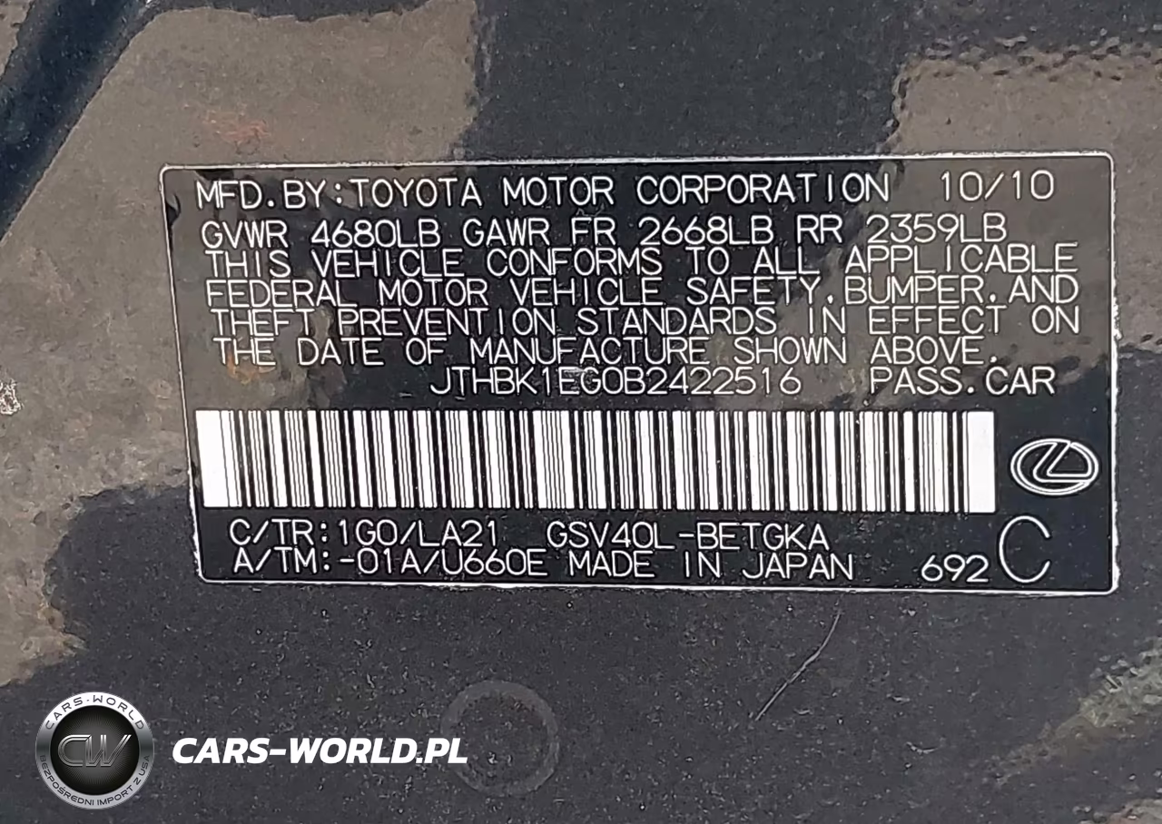 2011 Lexus Es 350 VIN:JTHBK1EG0B2422516 - 9