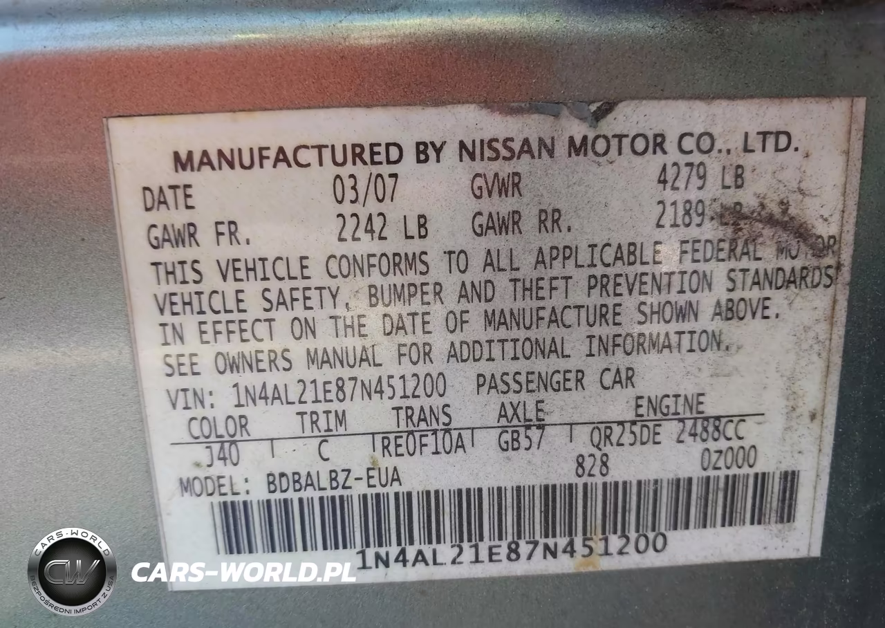 2007 Nissan Altima 2.5 S VIN:1N4AL21E87N451200 - 9