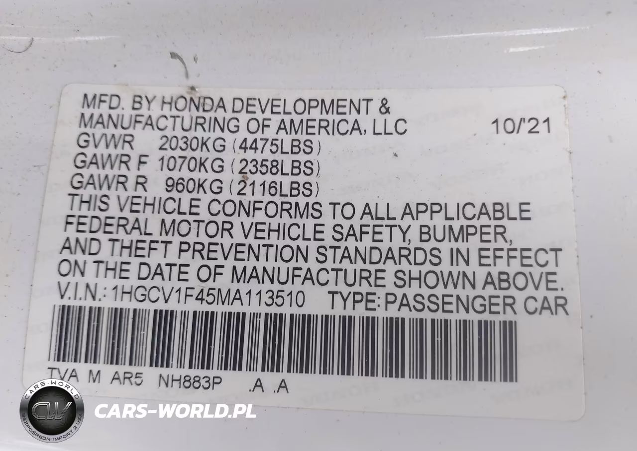 2021 Honda Accord Sport Se VIN:1HGCV1F45MA113510 - 9