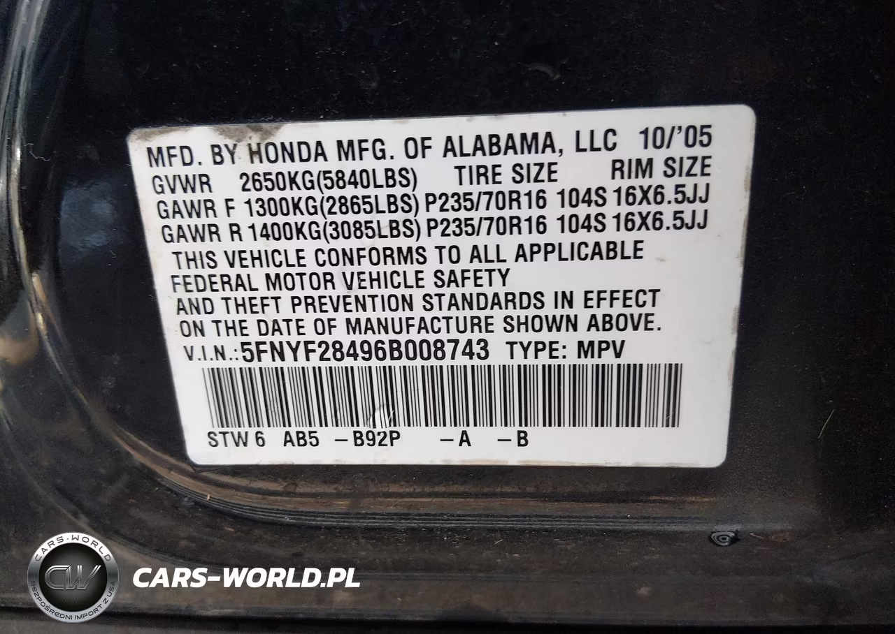 2006 Honda Pilot Ex VIN:5FNYF28496B008743 - 9
