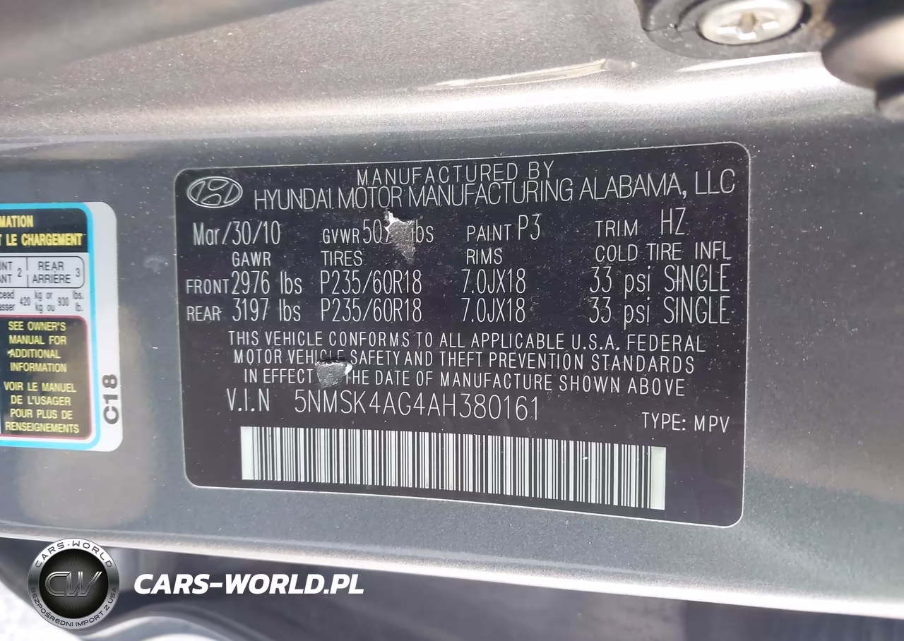2010 Hyundai Santa Fe Limited V6 VIN:5NMSK4AG4AH380161 - 9