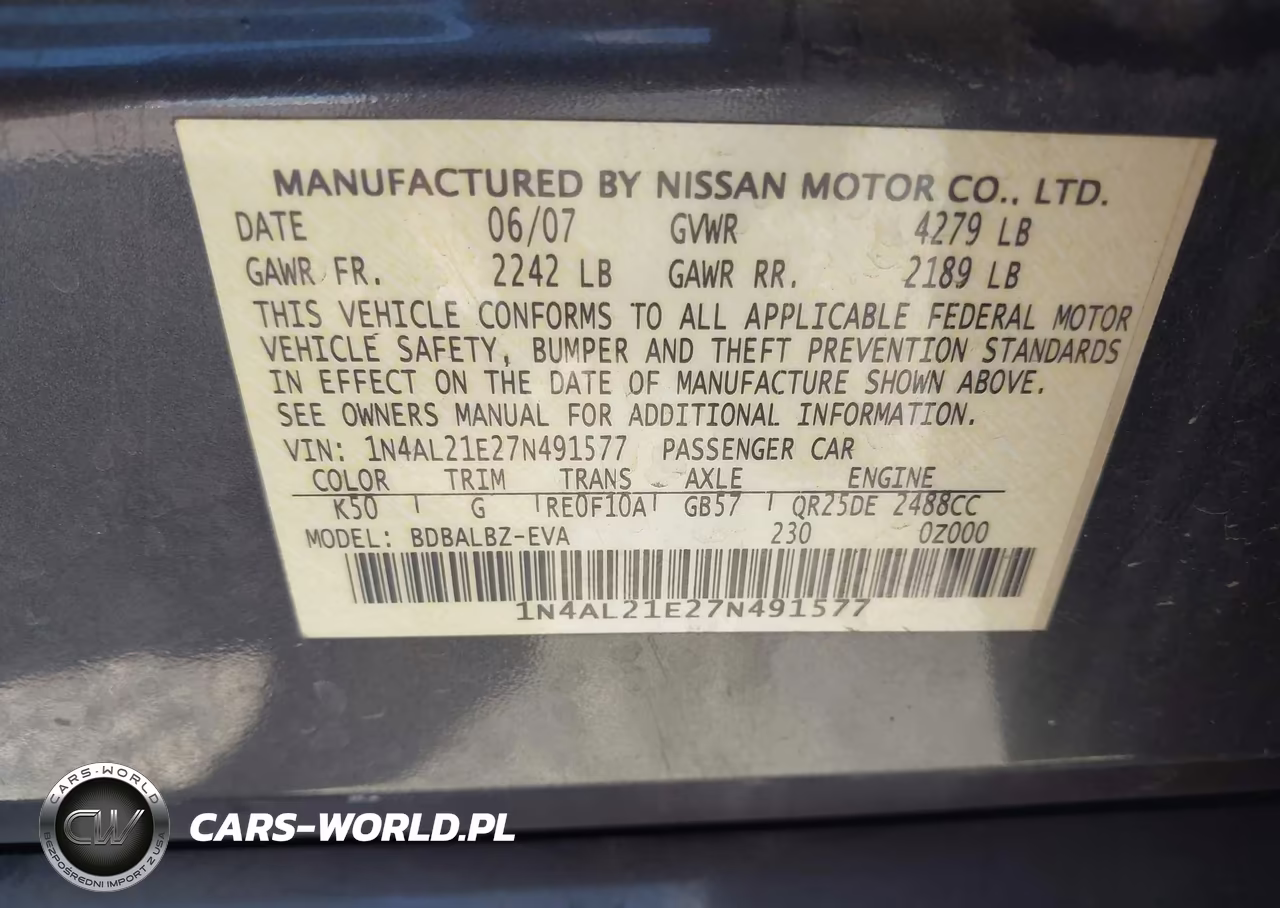 2007 Nissan Altima 2.5 S VIN:1N4AL21E27N491577 - 9