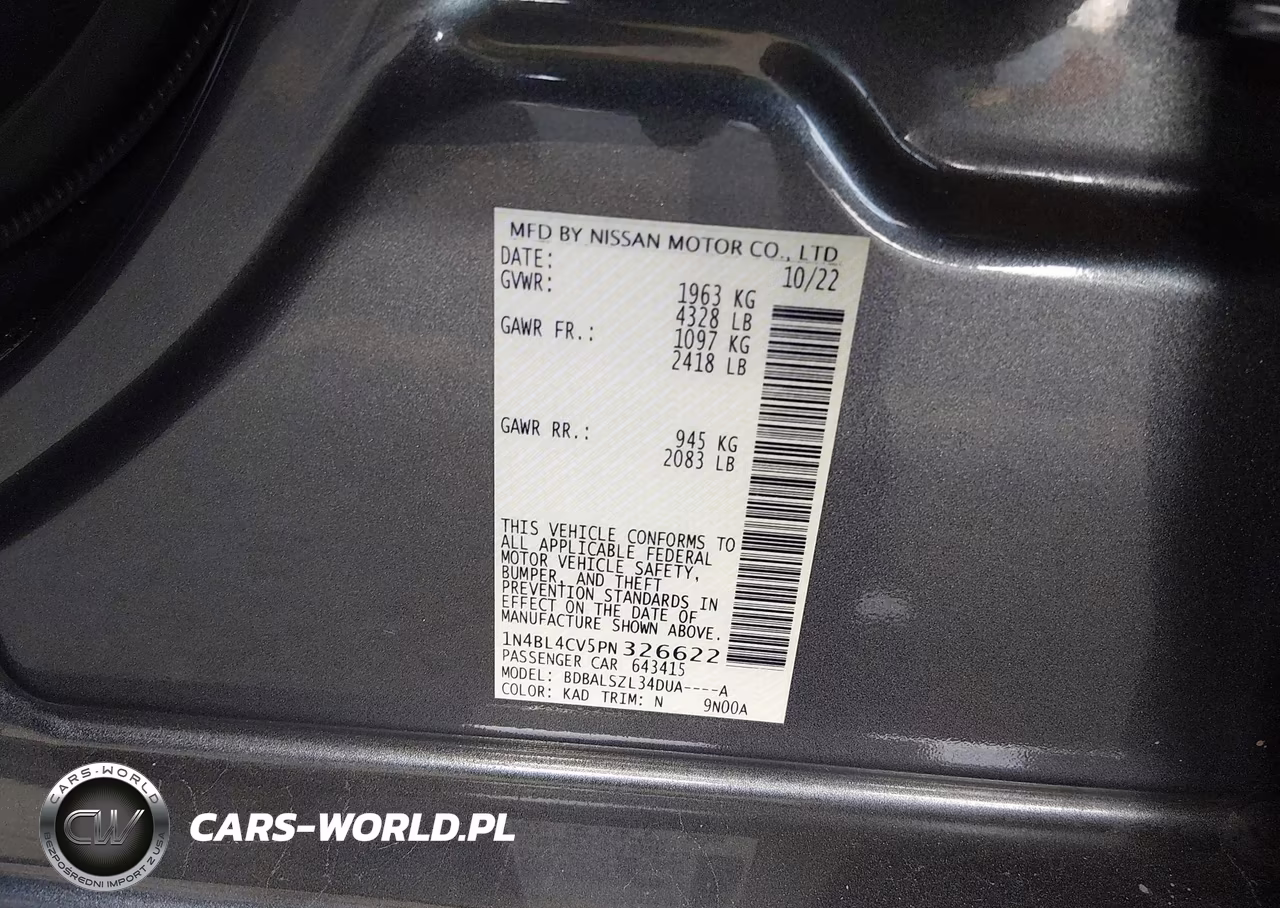 2023 Nissan Altima Sr Fwd VIN:1N4BL4CV5PN326622 - 9
