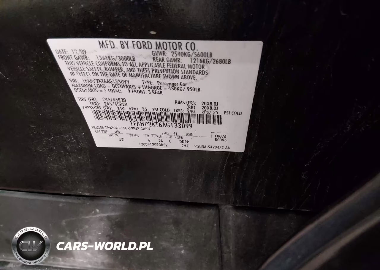 FORD TAURUS SHO VIN:1FAHP2KT6AG133099 - 9