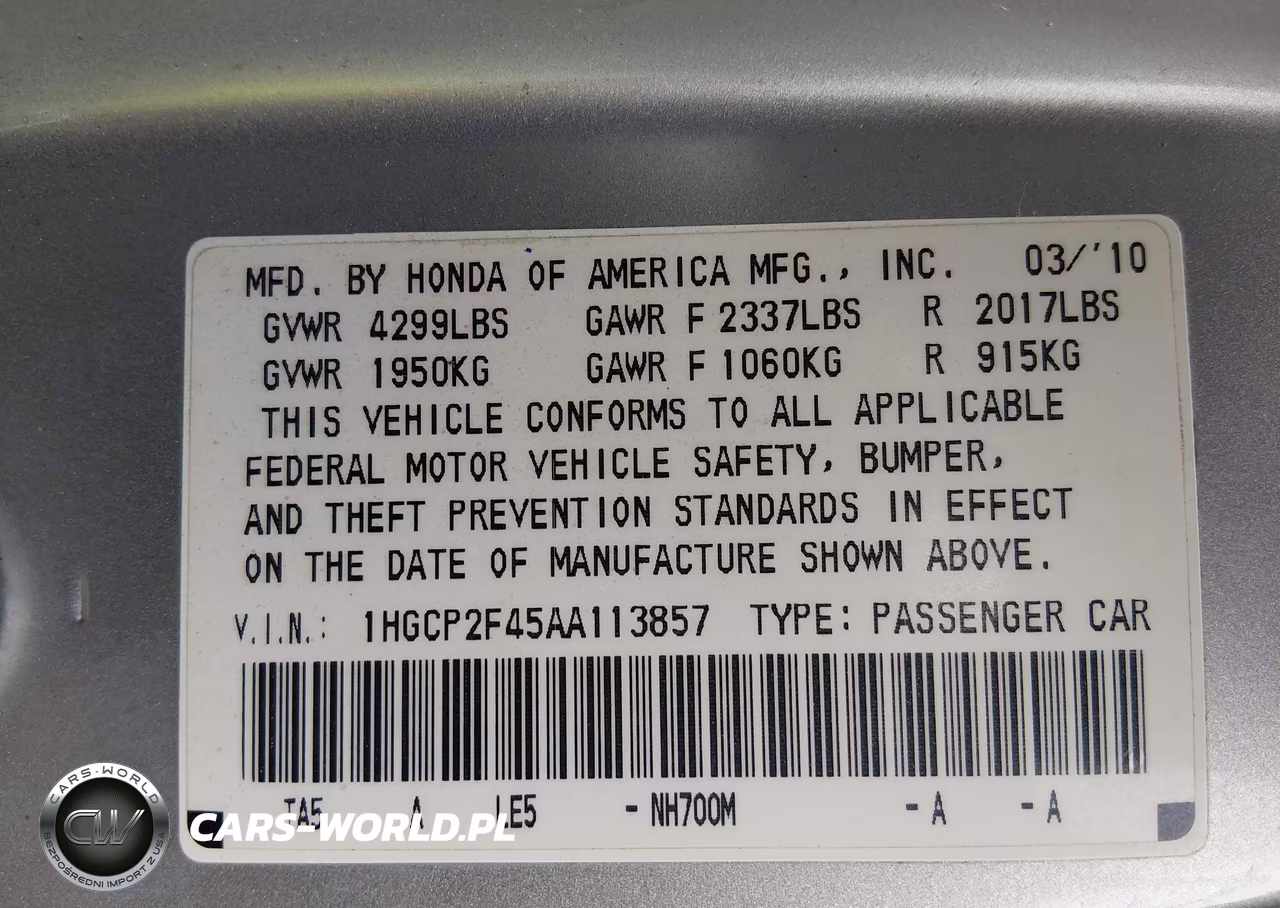 2010 Honda Accord 2.4 Lx-P VIN:1HGCP2F45AA113857 - 9
