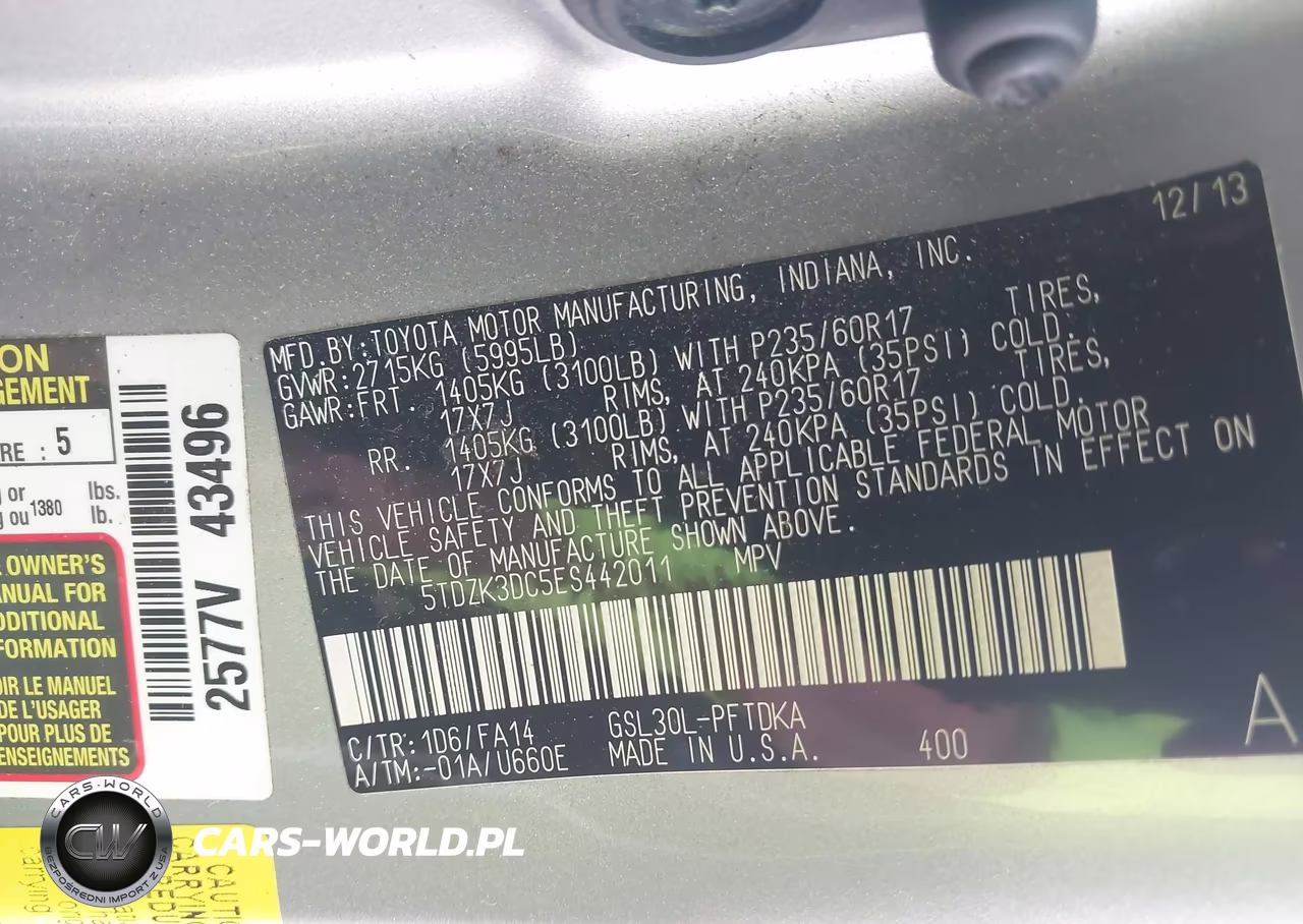 2014 Toyota Sienna L V6 7 Passenger VIN:5TDZK3DC5ES442011 - 9