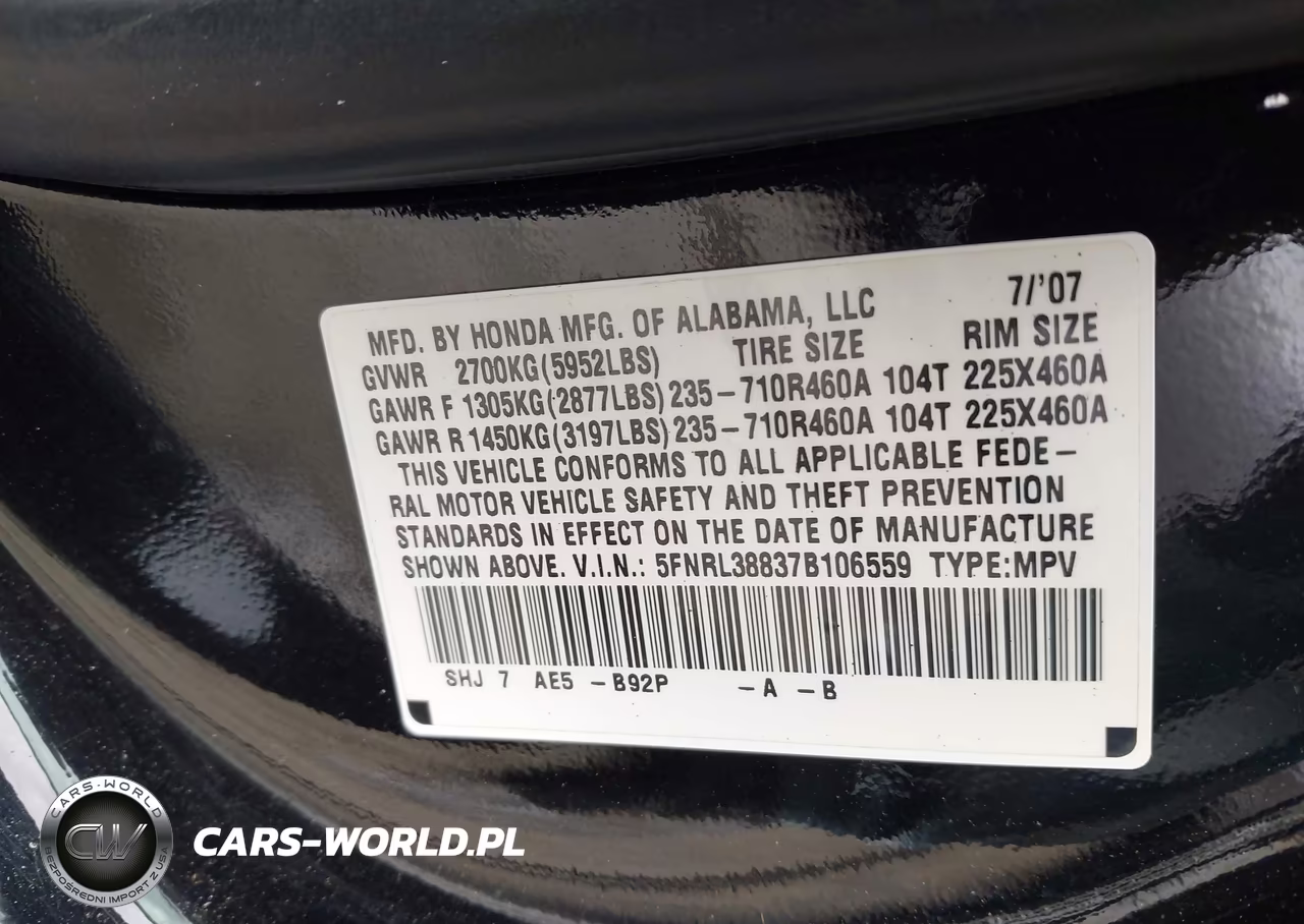 2007 Honda Odyssey Touring VIN:5FNRL38837B106559 - 9