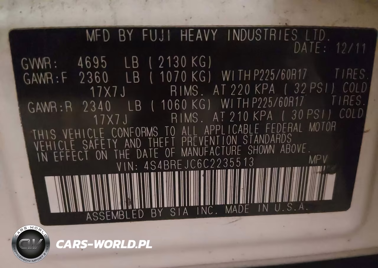 2012 Subaru Outback 3.6R Limited VIN:4S4BREJC6C2235513 - 9