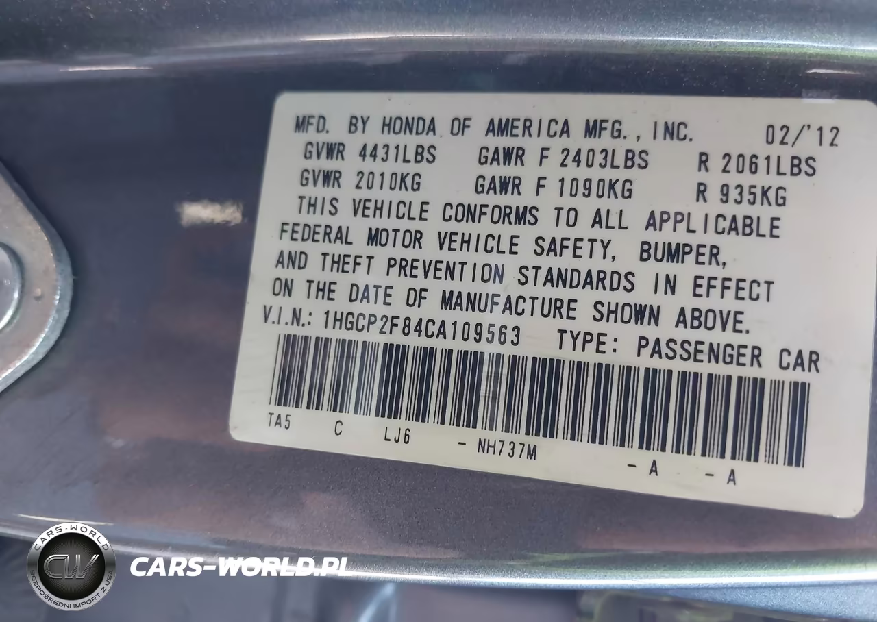 2012 Honda Accord 2.4 Ex-L VIN:1HGCP2F84CA109563 - 9