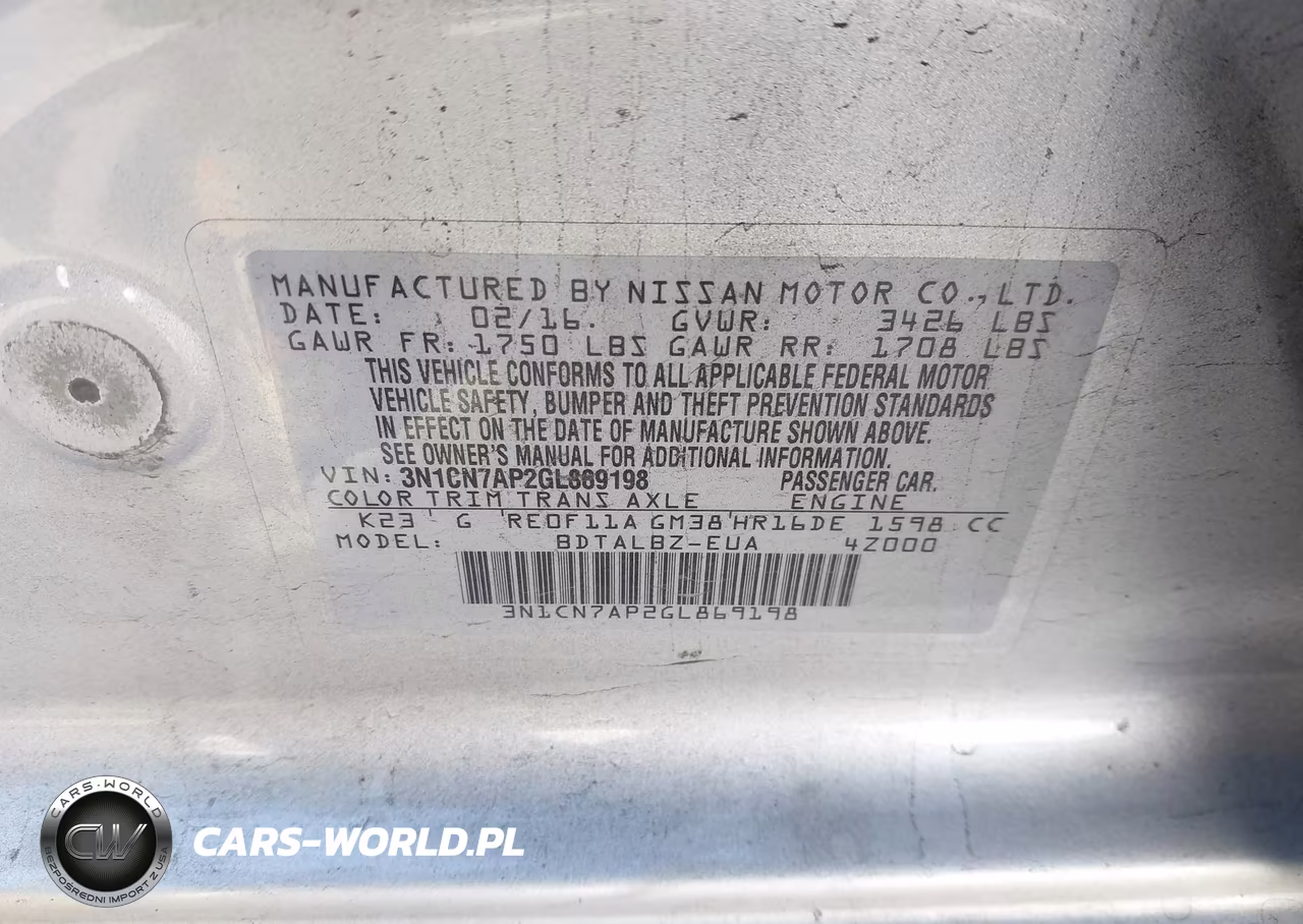 2016 Nissan Versa 1.6 S-1.6 S+-1.6 Sl-1.6 Sv VIN:3N1CN7AP2GL869198 - 9