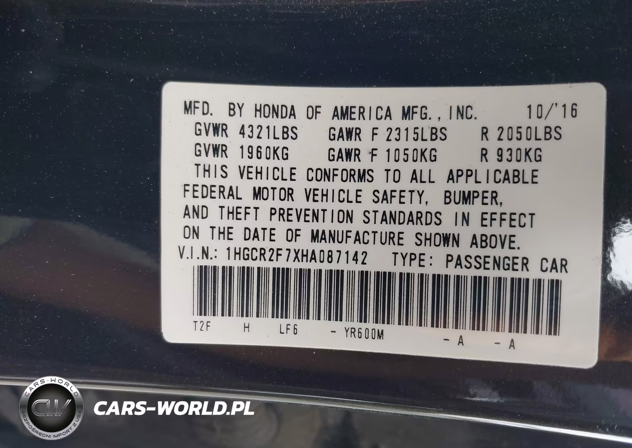 2017 Honda Accord Ex VIN:1HGCR2F7XHA087142 - 9