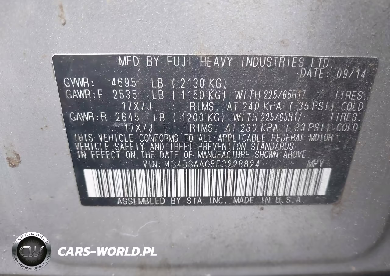 2015 Subaru Outback 2.5I VIN:4S4BSAAC5F3228824 - 9