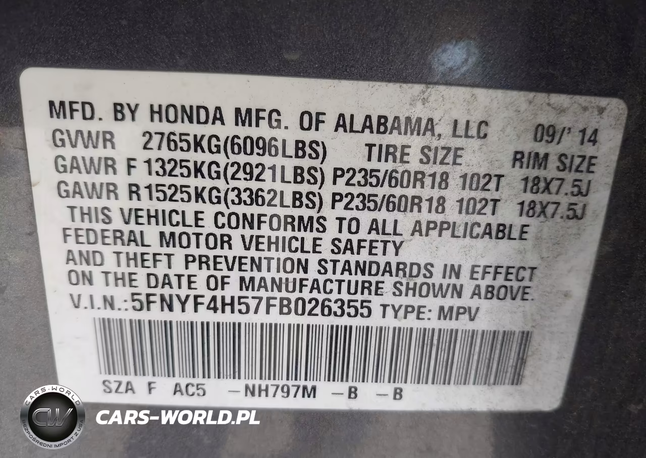 2015 Honda Pilot Ex-L VIN:5FNYF4H57FB026355 - 9