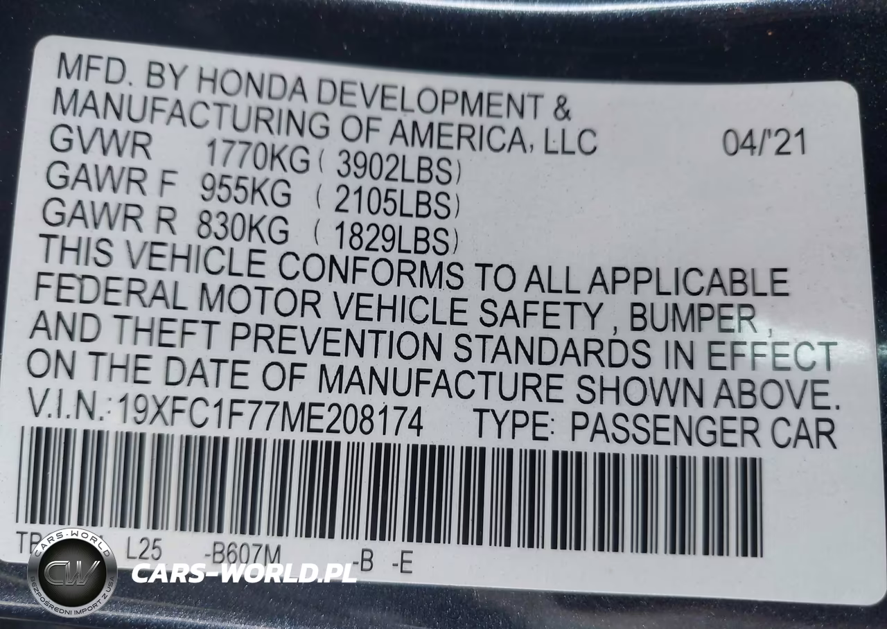 2021 Honda Civic Ex-L VIN:19XFC1F77ME208174 - 9