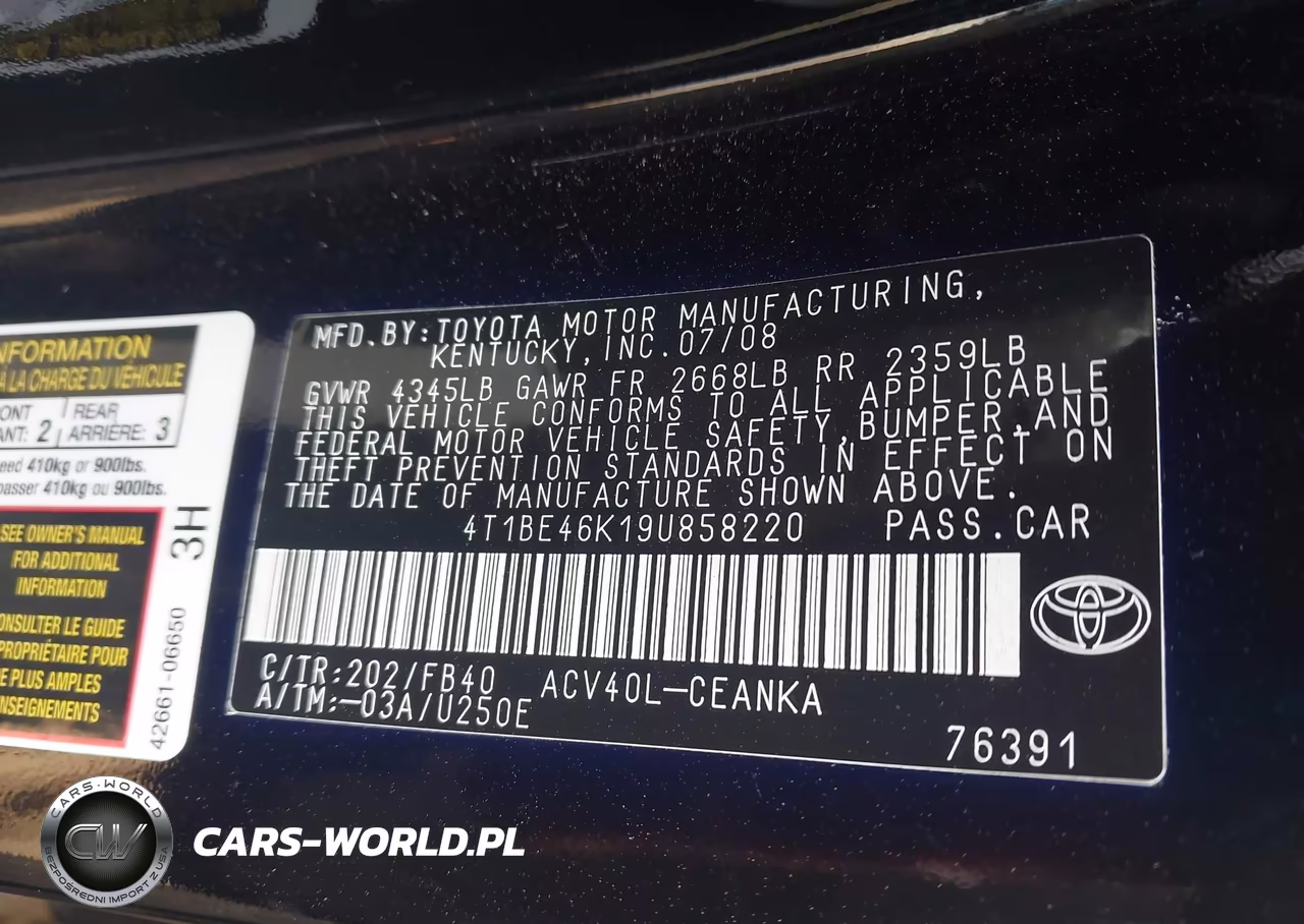 2009 Toyota Camry Le VIN:4T1BE46K19U858220 - 9