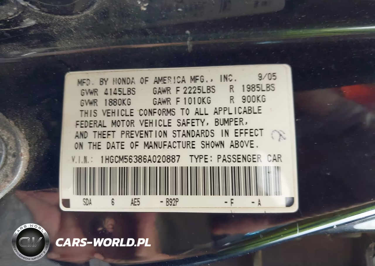 2006 Honda Accord 2.4 Se VIN:1HGCM56386A020887 - 9