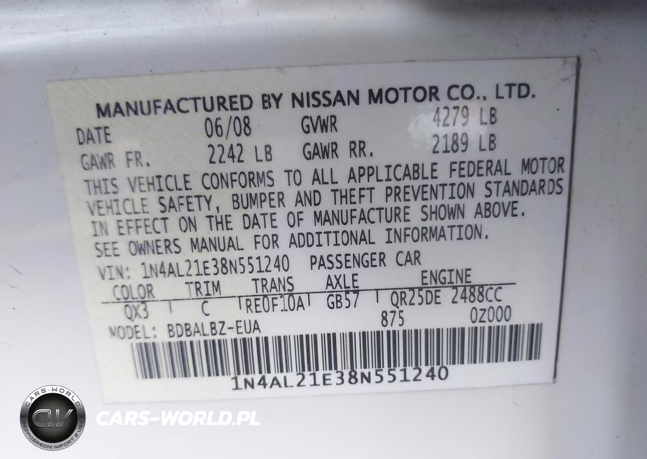 2008 Nissan Altima 2.5 S VIN:1N4AL21E38N551240 - 9