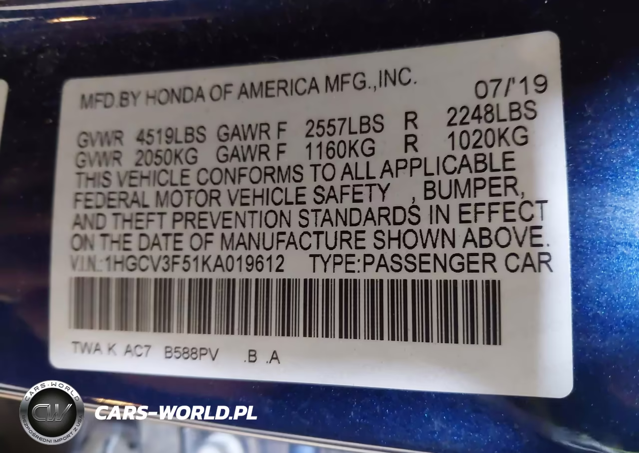 2019 Honda Accord Hybrid Ex-L VIN:1HGCV3F51KA019612 - 9