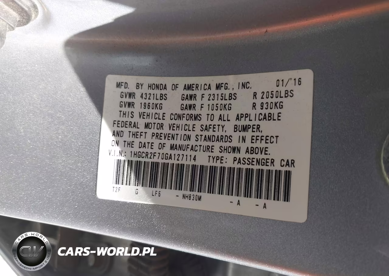 2016 Honda Accord Ex VIN:1HGCR2F70GA127114 - 9