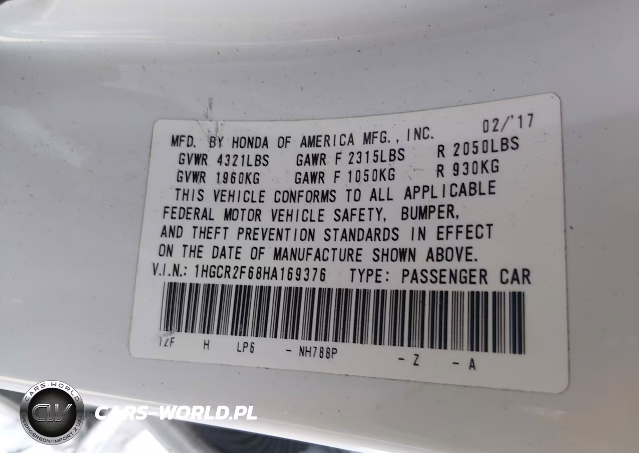 2017 Honda Accord Sport VIN:1HGCR2F68HA169376 - 9