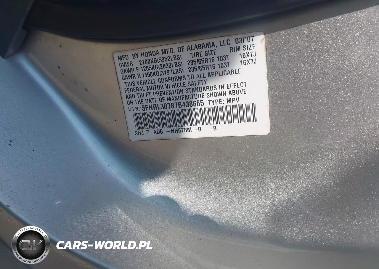 2007 Honda Odyssey Ex-L VIN:5FNRL38787B438665 - 9