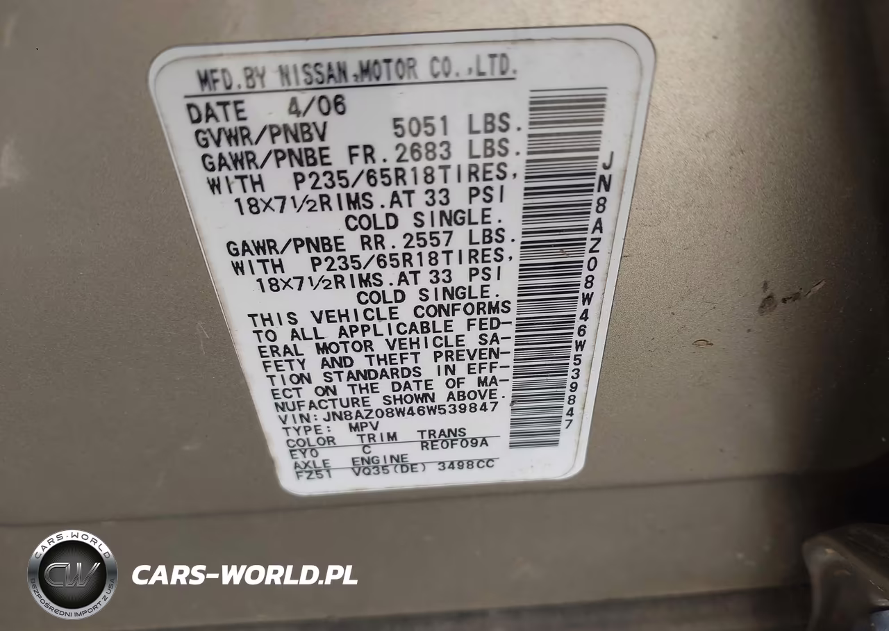 2006 Nissan Murano S VIN:JN8AZ08W46W539847 - 9
