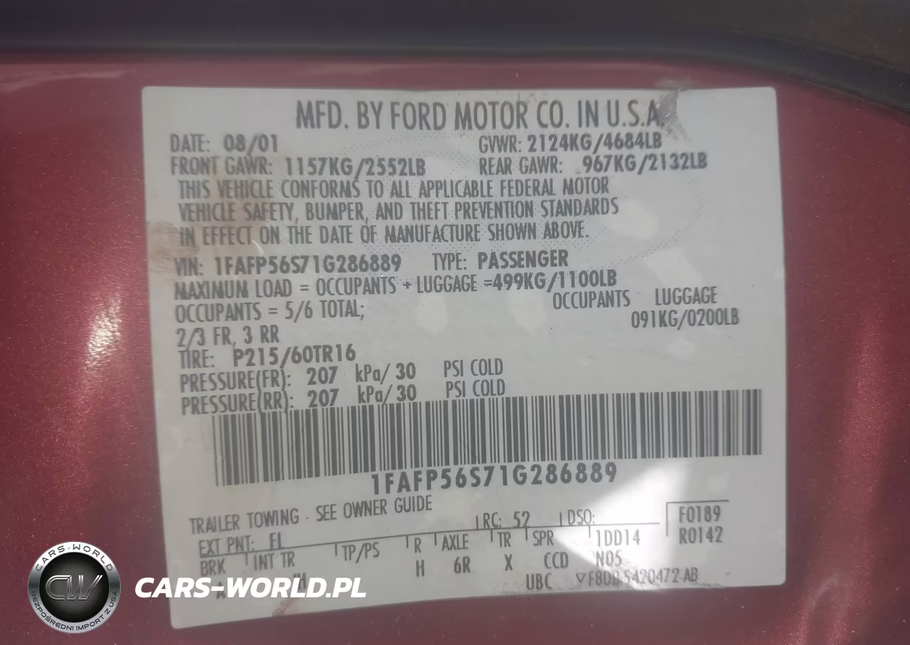 2001 Ford Taurus Sel VIN:1FAFP56S71G286889 - 9