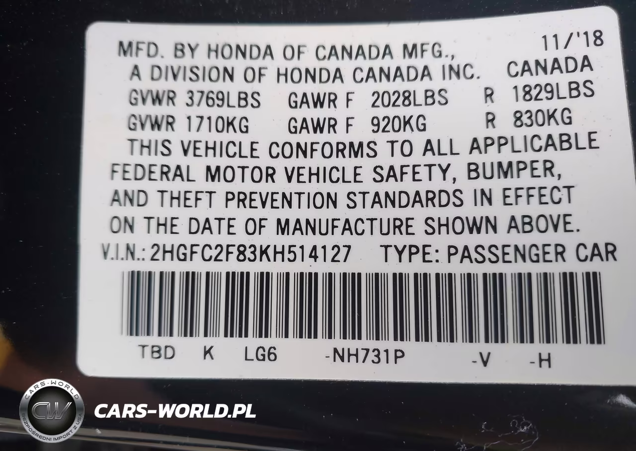 2019 Honda Civic Sport VIN:2HGFC2F83KH514127 - 9