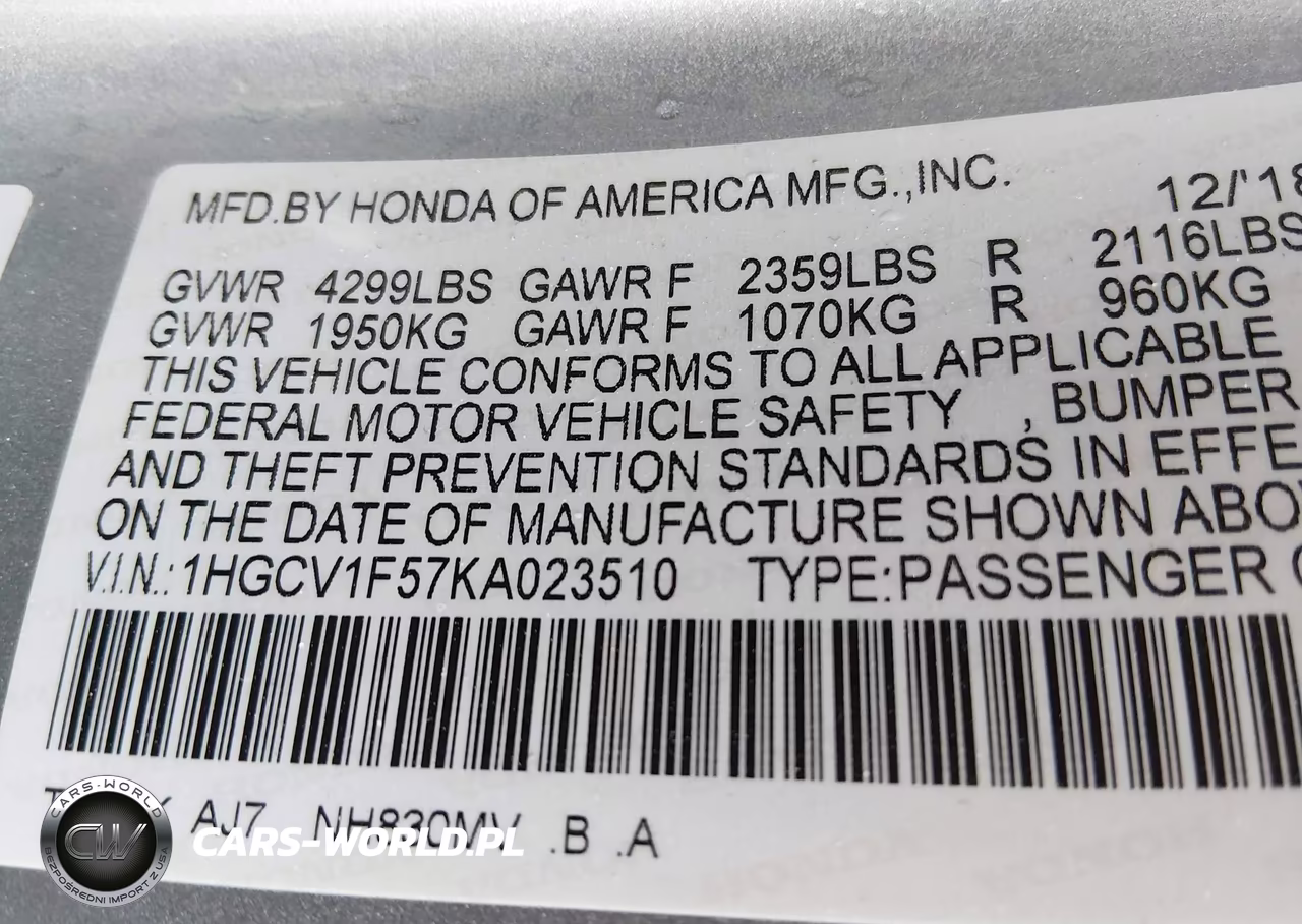 2019 Honda Accord Ex-L VIN:1HGCV1F57KA023510 - 9