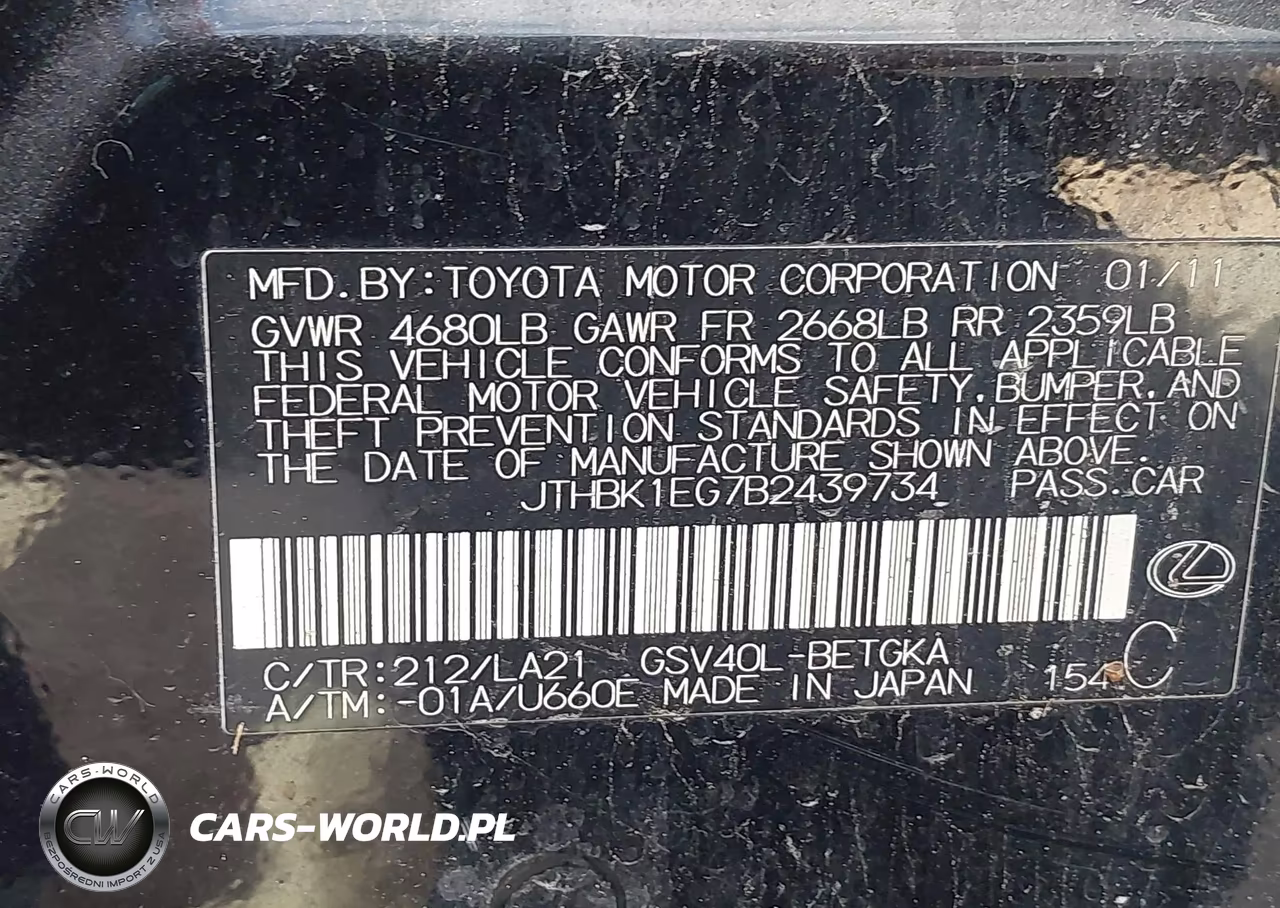 2011 Lexus Es 350 VIN:JTHBK1EG7B2439734 - 9