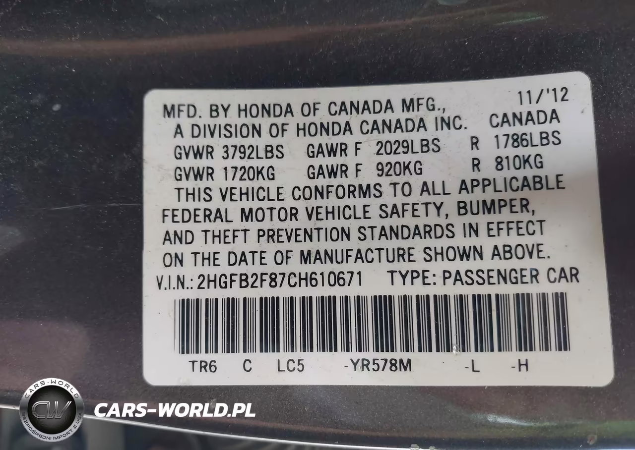 2012 Honda Civic Ex VIN:2HGFB2F87CH610671 - 9