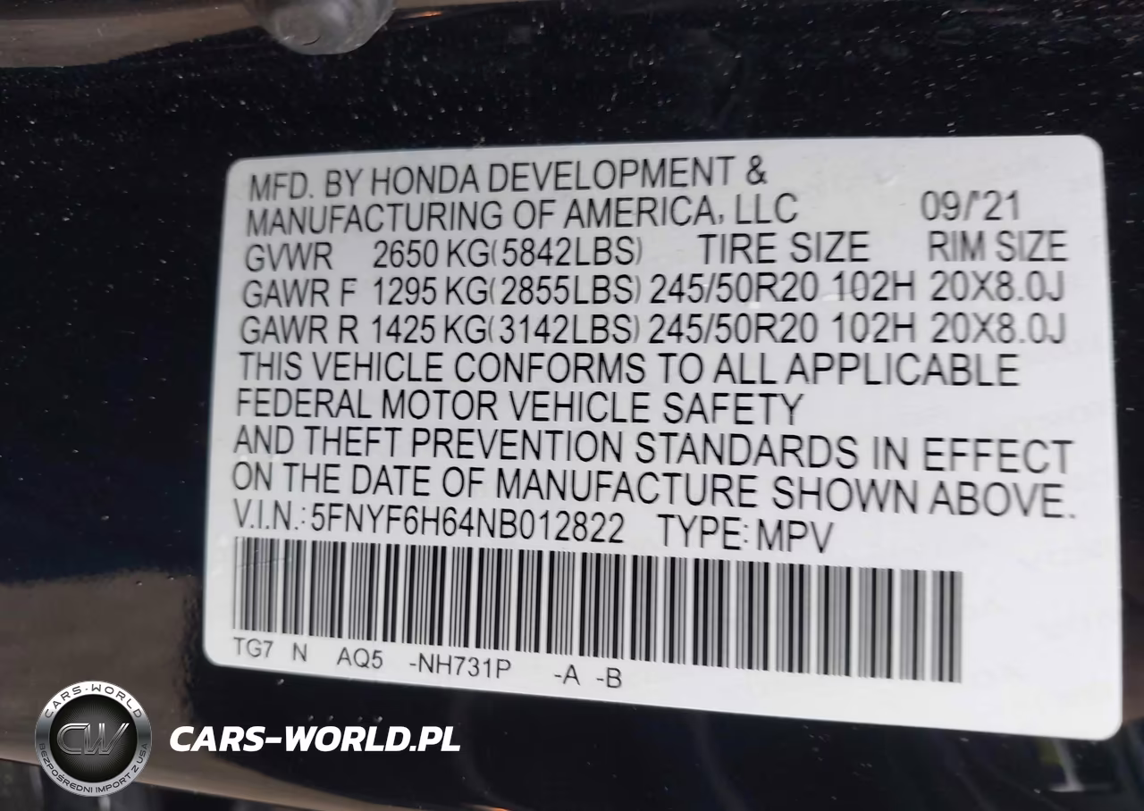 2022 Honda Pilot Awd Touring 7 Passenger VIN:5FNYF6H64NB012822 - 9