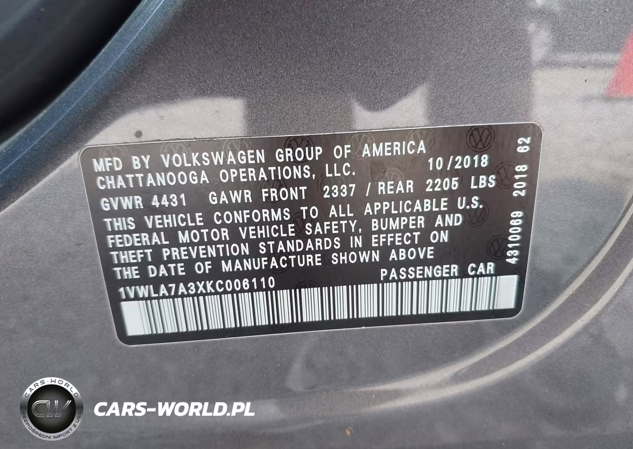 2019 Volkswagen Passat 2.0T Wolfsburg Edition VIN:1VWLA7A3XKC006110 - 9