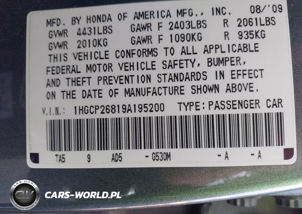 2009 Honda Accord 2.4 Ex-L VIN:1HGCP26819A195200 - 9