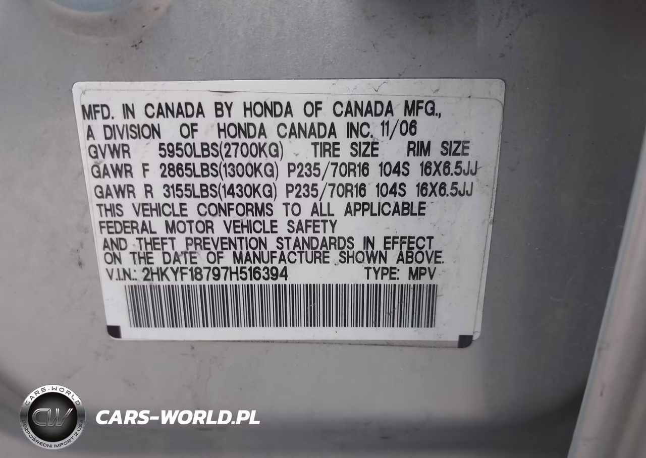 2007 Honda Pilot Ex-L VIN:2HKYF18797H516394 - 9