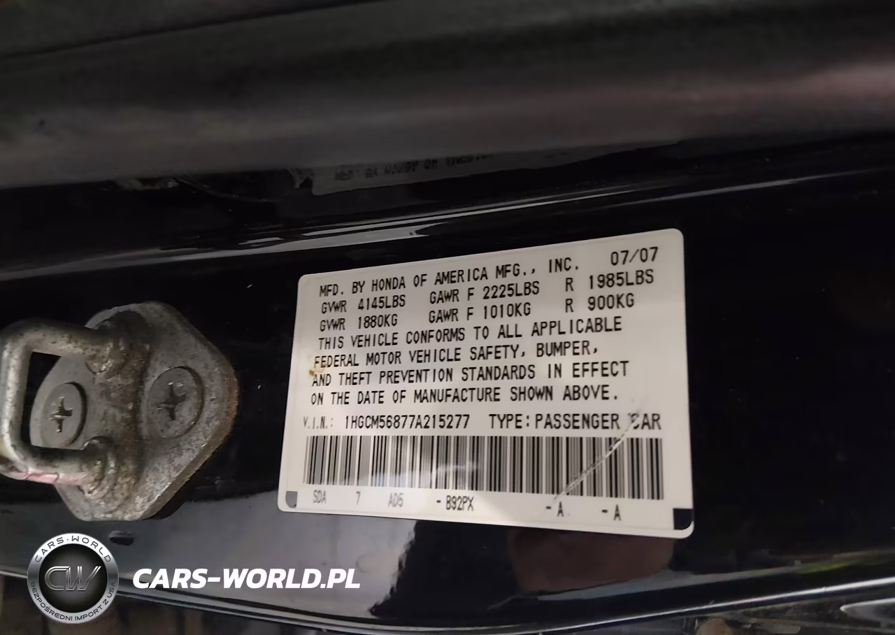 2007 Honda Accord 2.4 Ex VIN:1HGCM56877A215277 - 9
