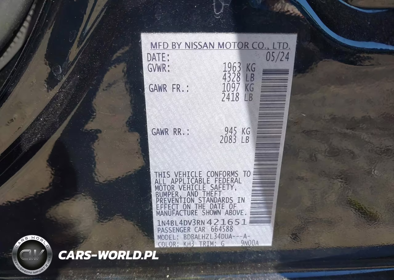 2024 Nissan Altima Sv Fwd VIN:1N4BL4DV3RN421651 - 9