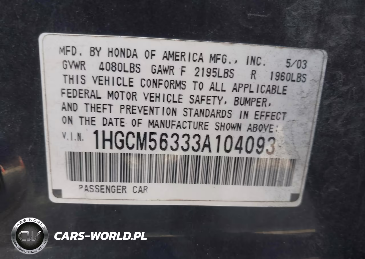 2003 Honda Accord 2.4 Lx VIN:1HGCM56333A104093 - 9