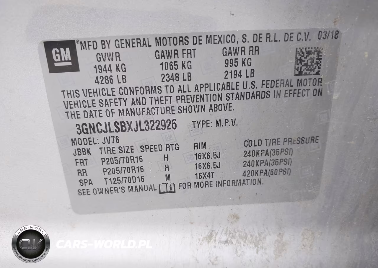 2018 Chevrolet Trax Lt VIN:3GNCJLSBXJL322926 - 9