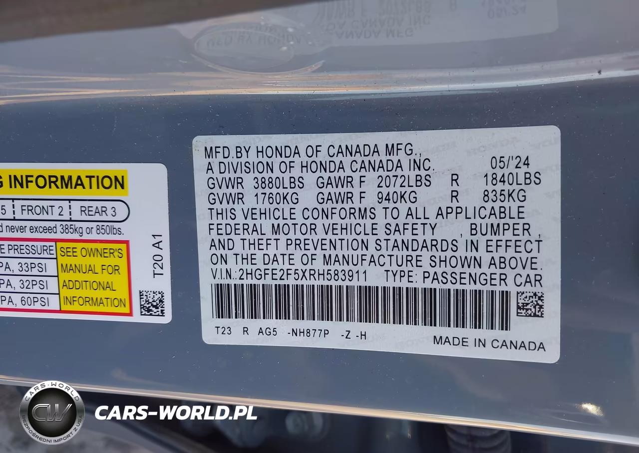 2024 Honda Civic Sport VIN:2HGFE2F5XRH583911 - 9