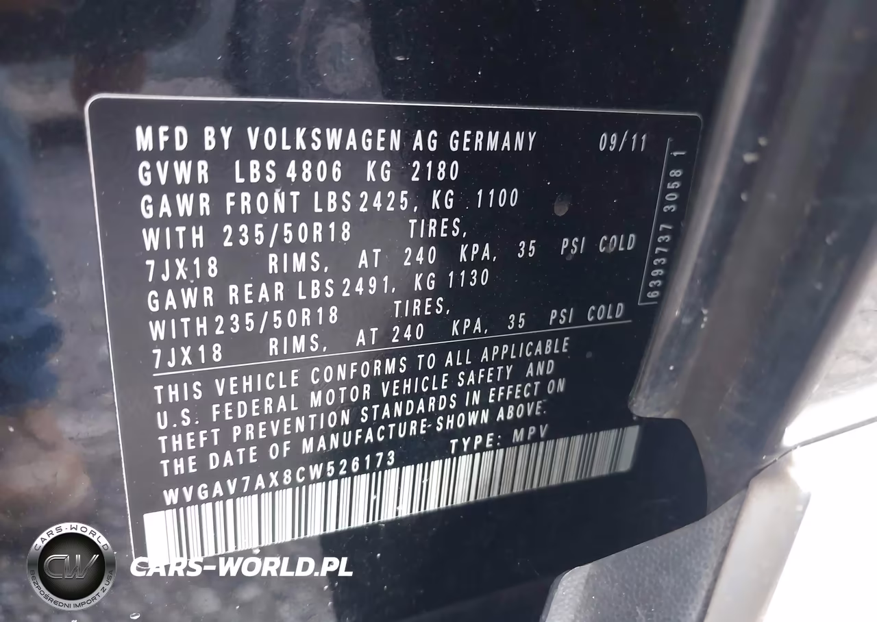 2012 Volkswagen Tiguan Se VIN:WVGAV7AX8CW526173 - 9